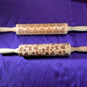 NEW 📌2 Wooden Embossed Rolling Pin for Baking Embossed Christmas Cookies